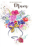 Expressive Mother's Day card illustration presenting a joyful watercolour bouquet, as if sketched by a florist familiar with the vibrant character of Gants Hill. At the heart of the image, generous blooms in cerise, magenta, and gentle rose-pink appear to open outward, their loose shapes guided by fluid indigo lines that hint at individual petals without confining them. Surrounding these central flowers, soft washes of lavender, cornflower blue, and warm apricot create a sense of depth and gentle motion, like a breeze moving through mixed borders in nearby Valentines Park. Subtle golden highlights arc across selected petals, trace the suggestion of leaves, and accent the lip of the vase, adding glints that feel like sunlight catching a freshly arranged bouquet in a Cranbrook Road shop window. Tiny hearts and scattered pigment dots float in the white space around the bouquet, bringing a sense of festivity and tender affection to the design. The arrangement settles into a rounded vase at the bottom of the card, neatly finished with a shimmering gold bow reminiscent of the final touch added before a bouquet is delivered to a doorstep in IG2. The crisp white background lets the colours breathe, making the whole composition feel light, hopeful, and full of quiet celebration. This card captures the essence of a lovingly chosen Mother's Day arrangement: bright yet soothing, artful yet sincere, speaking in the familiar, comforting language of flowers shared between generations in Gants Hill.